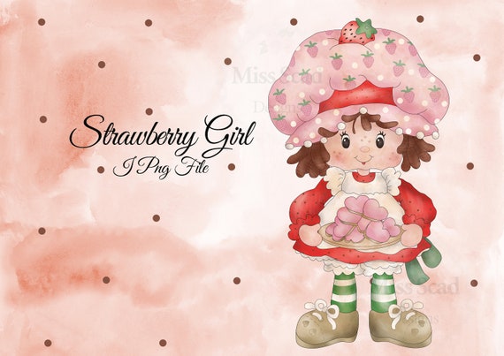 Hand Drawn Vintage 80's TV Strawberry Girl 1 Png Transparent Image , 300DPI High Resolution with Watercolor Background, Instant Download Il_570xn