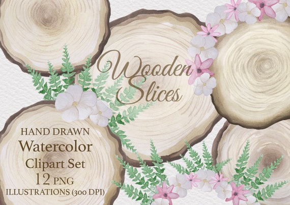 Watercolor Hand Drawn Wooden Slices Clipart Set Illustrations, 12 Png Elements Wooden Slices and Flowers, Free shipping Instant Download Il_570xn