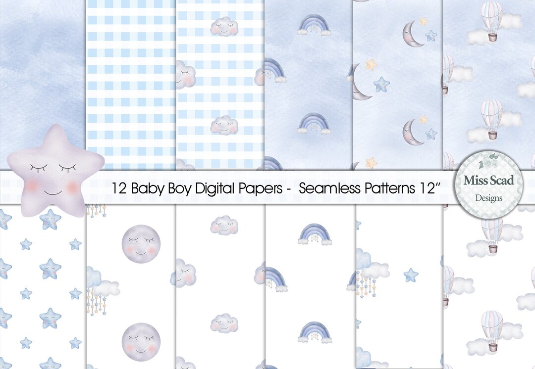 Watercolor Baby Boy 12 Digital Papers Seamless Pattern moon - Etsy
