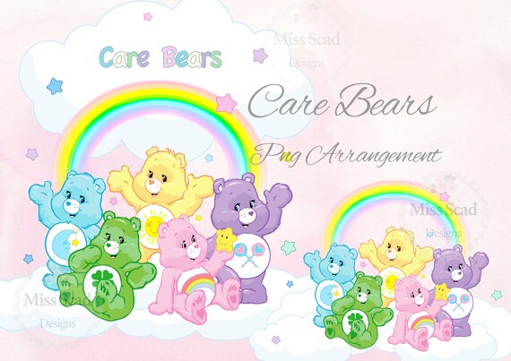 Pastel Transparent Care Bears 2 Png Arrangements with Extra Pink Watercolor Backgrounds for Birthday Party Printables, T shirts and more Il_570xn