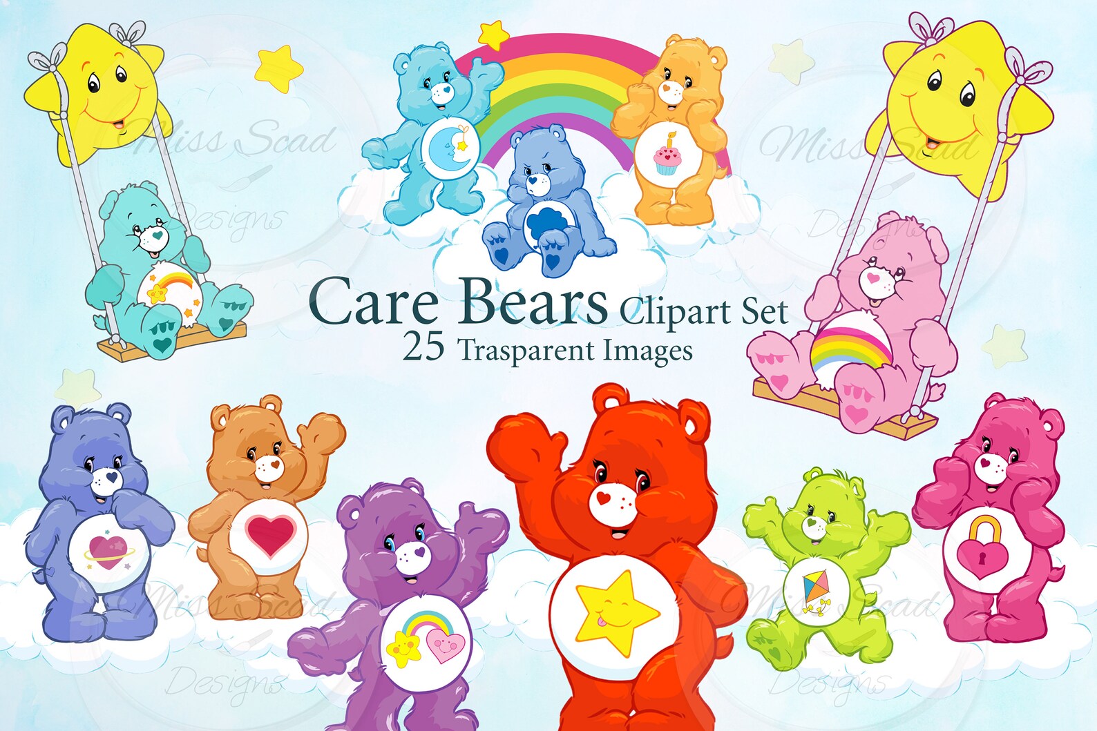 80's Care Bears Clipart Set 25 Png Transparent Images - Etsy
