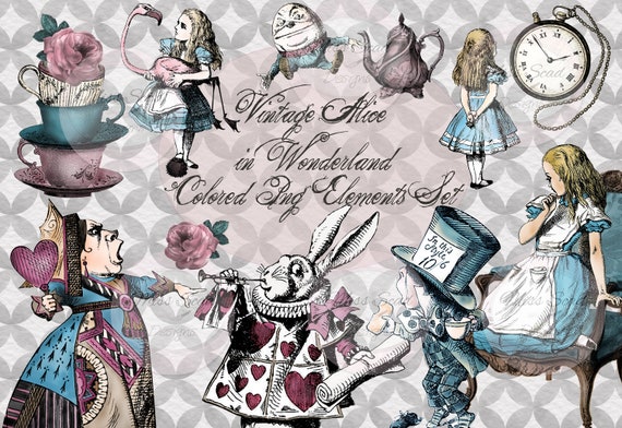 Vintage Alice in Wonderland Classic Illustrations Png Elements Clipart Set, Vintage Alice In Wonderland Scrapbooking Images,Instant Download Il_570xn