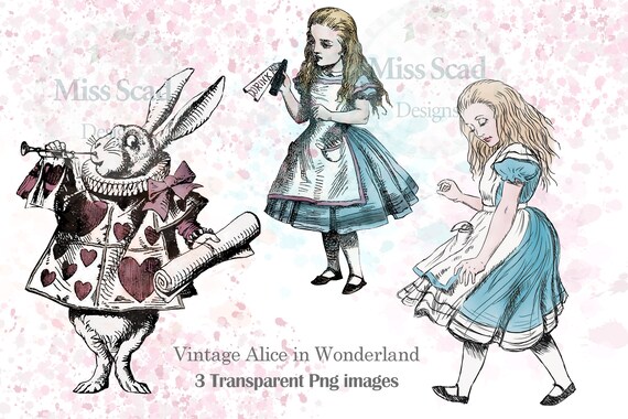 Vintage Alice in Wonderland Ink Painted Illustrations, 3 Transparent Png Images, 12X12 inches, Tenniel Illustrations, Instant Download Il_570xn