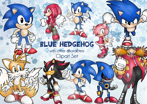 Blue Hedgehog and other characters Clipart Set, 12 Transparent Png Images High Resolution, Ink Painted Background, for birthday party Il_570xn