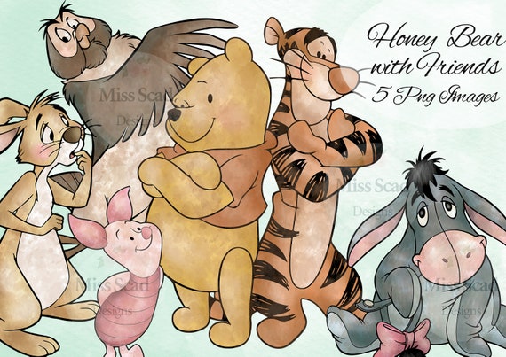 Honey Bear with Friends Clipart Set, 5 transparent Ink Painted Images, Png Format High Resolution, for baby shower, party printables Il_570xn