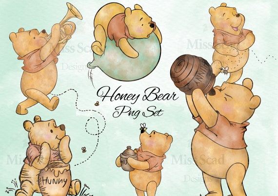 Honey Bear Ink Painted Clipart Set, 8 Png Transparent Images (300DPI), Instant Download, for Baptism, baby Shower,Party Printables Il_570xn