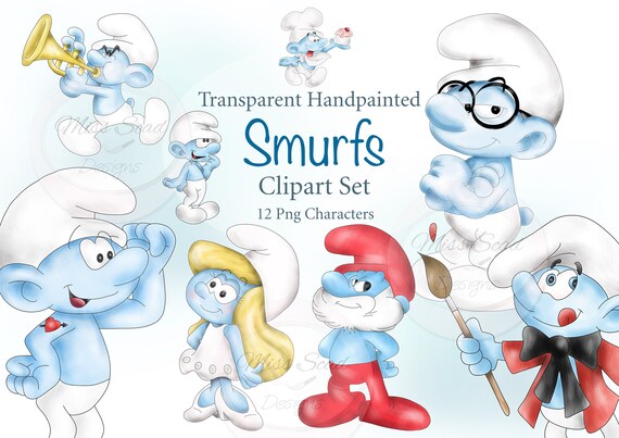 Handdrawn Digital Smurfs Characters 12 Transparent Png Illustrations - Instant Download - Smurfs Clipart Set with Watercolour Background Il_570xn