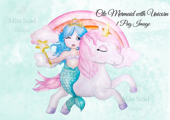 Watercolor Cute Mermaid with Unicorn Png Transparent Clipart, Mint ...