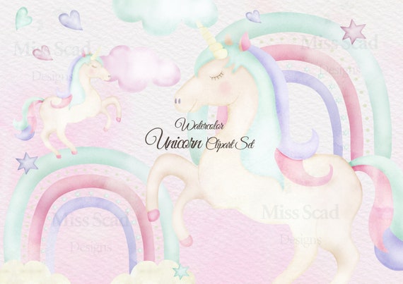 Handmade Watercolor Pastel Unicorn Stars and Rainbows 12 Transparent Png Clipart Set, Unicorn Png, Baptism, Baby Shower, Birthday Party Il_570xn