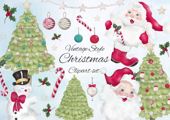 Vintage Style Christmas Clipart Set, 16 Hand drawn Transparent Png Images, 300DPI High Resolution, Christmas Clipart Il_570xn