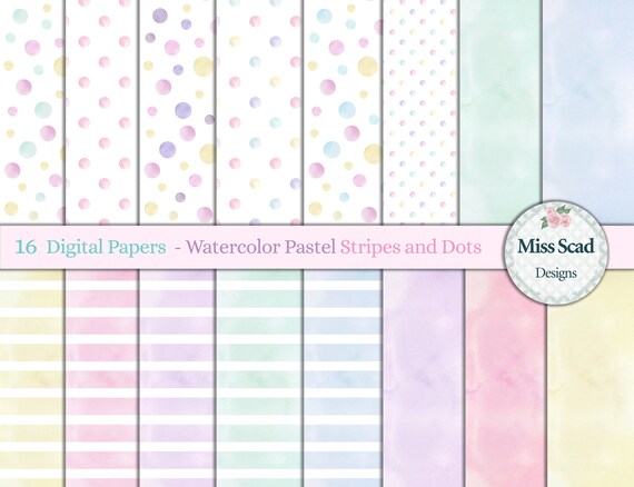 16 Pastel Watercolor Stripes and Dots Digital Papers, Seamless Patterns Pastel Polka Stripes, Instant Download, JPG Format 300DPI Il_570xn