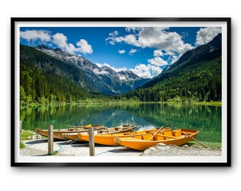 Jagersee Austria Photography Print, Alpine Lake Wooden Boats Mountain Wall Art