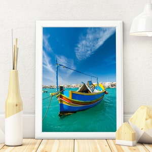 Print or Canvas Colorful Boat in Malta at Turquoise Water in Marsaxlokk Harbour.  Fine Art . Framed or Unframed Wall Decor Art Gift.