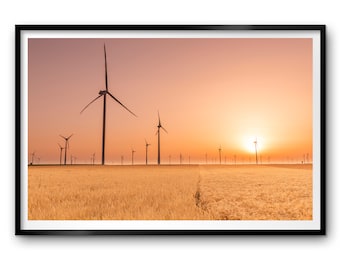 Wind Turbine Sunrise Photography Print, Renewable Energy Landscape Wall Art