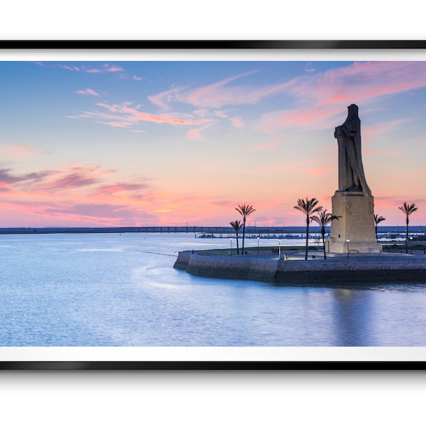 Print of Iconic Monument of Columbus in Huelva Spain at Sunset Ocean Fine Art Photo Canvas Framed Unframed Wall Decor Art Gift Atlantic Sea