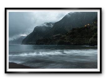 Seixal Black Sand Beach Photography Print, Madeira Moody Seascape Wall Art