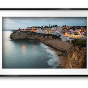 Giclee Print of Beach Carvoeiro in Lagoa Algarve Portugal Seascape Photography. Town Skyline Fine Art Photo Framed or Unframed