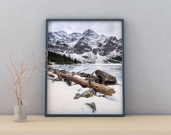 Impression du lac gelé dans les montagnes des Tatras « Morskie Oko » Paysage Giclee Fine Art Impression Encadrée ou non encadrée Toile Art mural Décoration intérieure