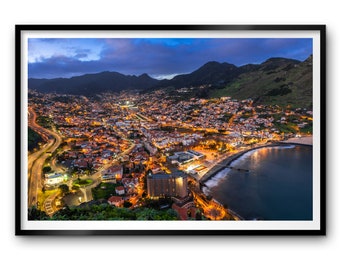 Machico Madeira Night Photography Print, Portugal Coastal Cityscape Wall Art