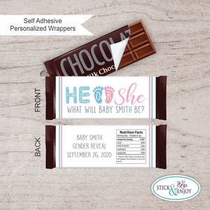 12 Custom Self Adhesive Candy Wrappers,  Gender Reveal Party Candy Wrappers, He or She Baby Reveal, Hershey&#39;s 1.55 oz Candy Bar Wrapper