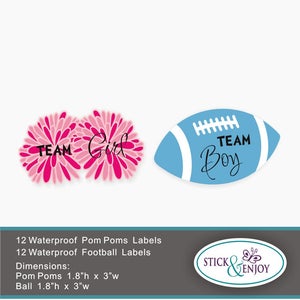 24 Gender Reveal Party Stickers, Pom Poms Team  Girl and  Football Team boy  Labels. Pom Poms and football Shaped Waterproof Sticker, Labels