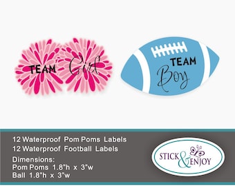 24 Gender Reveal Party Stickers, Pom Poms Team  Girl and  Football Team boy  Labels. Pom Poms and football Shaped Waterproof Sticker, Labels