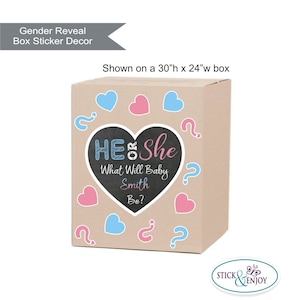 Gender Reveal He or She Balloon Box Decor Stickers, He or She Heart Gender Reveal Party Box Decorations Sign Stickers, Personalized Decals