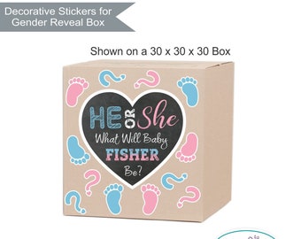 Gender Reveal He or She Balloon Box Decor Stickers, He or She Heart and baby prints Gender Reveal Party Box Decorations Sign Stickers