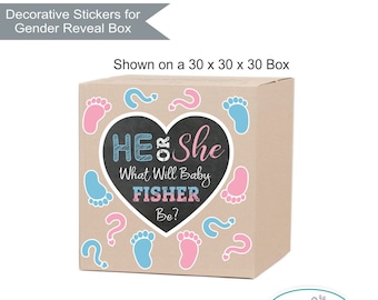 Gender Reveal He or She Balloon Box Decor Stickers, He or She Heart and baby prints Gender Reveal Party Box Decorations Sign Stickers