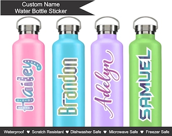 May include: Four water bottles with custom name stickers. The bottles are pink, blue, purple, and green. The stickers have different fonts and designs. The text on the stickers reads "Hailey", "Brandon", "Adelyn", and "SAMUEL".
