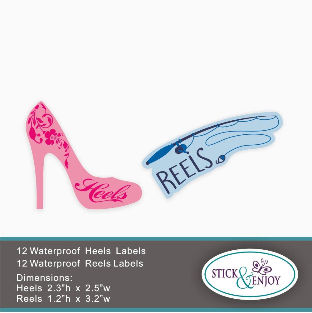24 Gender Reveal Party Stickers, Heels or Reels Stickers, Heels and Reels Waterproof Sticker, Waterproof Labels, Baby Shower Stickers.