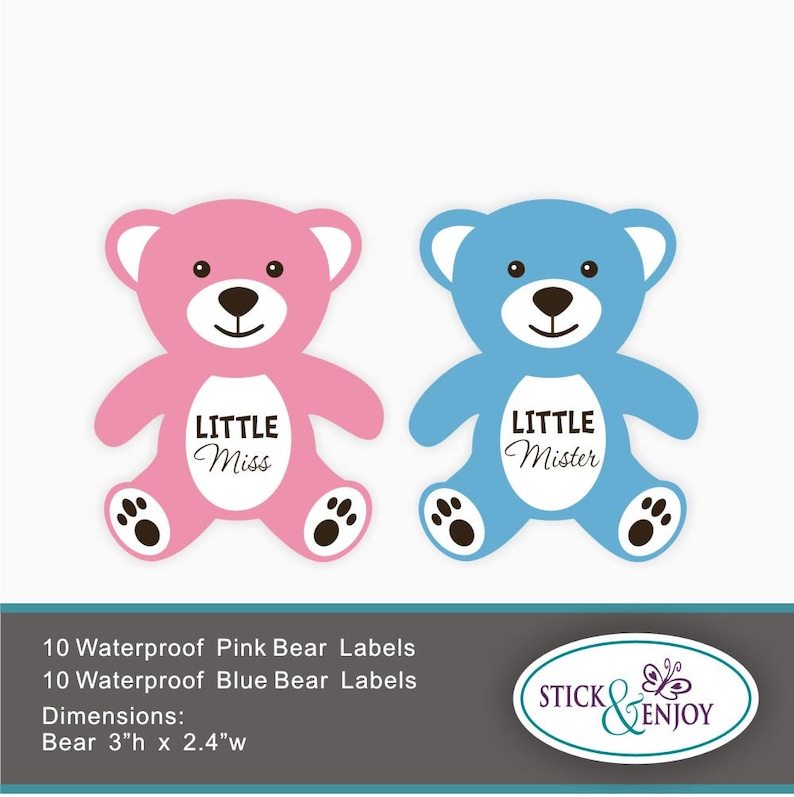 20 Gender Reveal Party Stickers Little Miss and Little Mister Labels Labels Bear Shaped Stickers