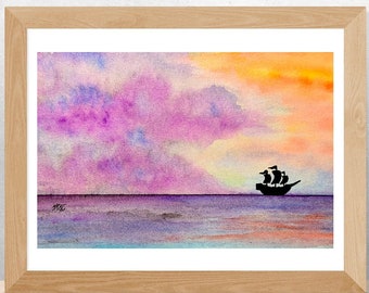 Born a Rainy Saturday, Original Watercolor Art, Groovy Psychedelic, Painting, Ink Sketch, Pirate Ship, Print