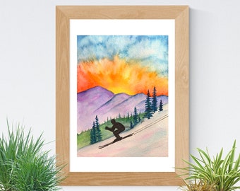 First Tracks Skiing Print, Original Art, Watercolor Painting, Ink Sketch, Ski New Hampshire, Mountain Sunrise, Wall, Desk Art, Skier Gift