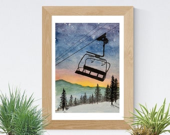 Chairlift, Skiing Print, Original Art, Watercolor Painting, Ink Sketch, Ski New Hampshire, Mountain Sunset, Wall Art, Desk Art, Last Run