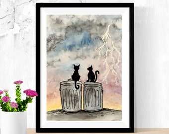 Looks Like Rain, Alley Street Cat, Art Print, Lyrics Inspired, Original Watercolor Painting, Ink Sketch, Wall Art, Kitty Art