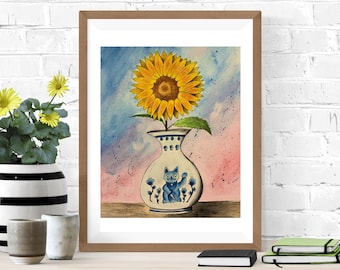 China Cat Sunflower, Art Print, Classic Rock Inspired, Original Watercolor Painting, Ink Sketch, Wall Art, Hippie Theme, Sunflower Art