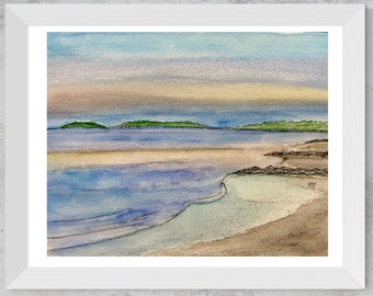 Cape Cod Watercolor Painting, Art Print, Wellfleet, Mayo Beach, Great Island, Pastel Sunset, Sand, Wall art, desk art, coastal, seashore