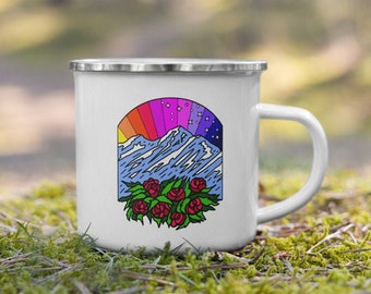 Scarlet > Fire Jam, 12 oz Enamel Mug, Jam Band, Classic Rock, Scarlet Begonias, Fire on the Mountain, Graphic Design