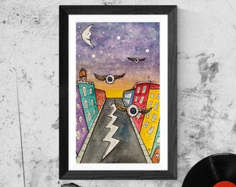 Shaking Down Street Inspired Print, Classic Rock , Original Art, Psychedelic, Watercolor Painting, Ink Sketch, Hippie Style, Flying Eyes