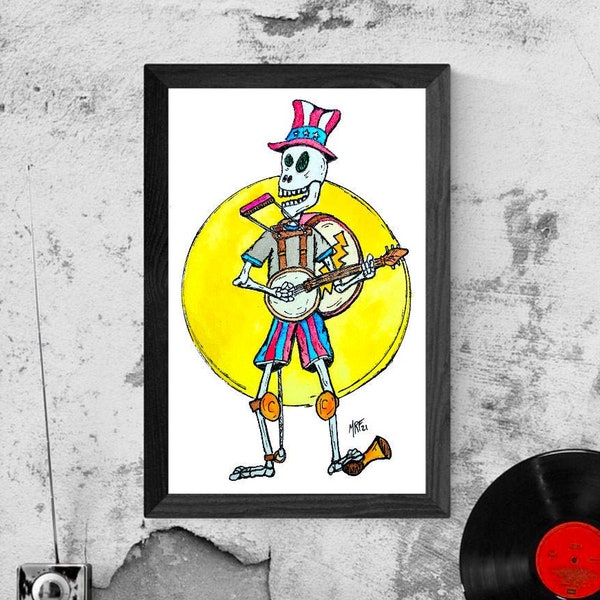 One Man Jam Band Art Print, Psychedelic, Hippie, Original Watercolor Painting, Ink Sketch, Wall Art, Groovy, Desk, Wall