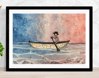 Calico Cal, Original Art, Deadhead Groovy Psychedelic, Watercolor Painting, Ink Sketch, Skeleton, Canoe Print