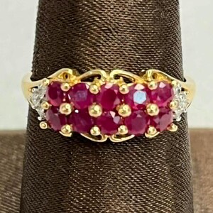 14k Yellow Gold Ruby Diamond Cluster Cocktail Ring - Size 10