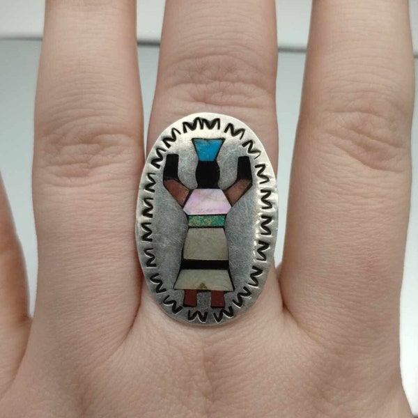 Native American Style Stone Inlay Medicine Man Ring Size 8 1/4