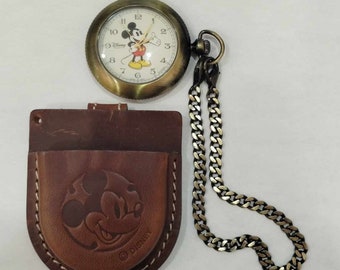 Vintage Disney Quartz Children's Pocket Watch w/ Leather Mickey Mouse Belt Pouch