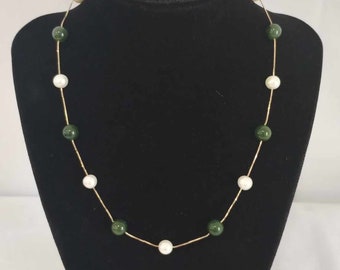 Vintage Natural Pearl & Jade 14K Yellow Gold Necklace 17"