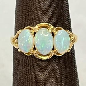 Vintage 14k Yellow Gold Opal Trilogy Scrollwork Ring - Size 5.75