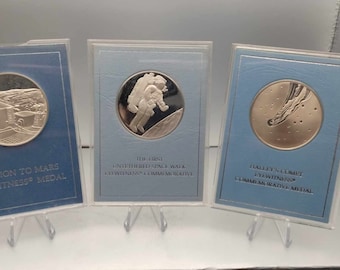 3 sterling silver Commemorative Eyewitness Medals "The First Untethered Space Walk" "Mission To Mars" & "Halley's Comet" The Franklin Mint