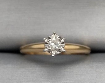 Vintage Dainty Round 0.09 Carat Natural Diamond Illusion Solitaire Ring 14K Yellow Gold Size 5 1/2