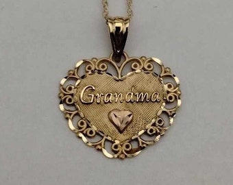 14K Yellow Gold Diamond Cut Heart Grandma Necklace 18"